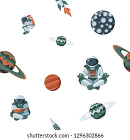 Kid space with planets and spaceships. Vector flat cartoon cosmos science seamless pattern isolated on white background. For web design, wallpaper, cosmic backdrop. Linen fabrics print