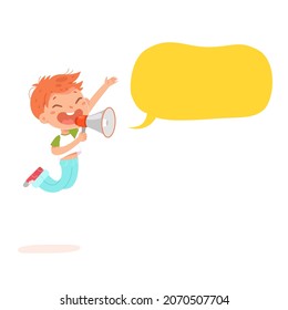 Kid speaker holding megaphone in hand vector illustration. Cartoon funny boy jumping with loudspeaker to announce news, adorable little child shouting loud message in blank bubble isolated on white