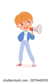 Kid speaker holding megaphone in hand vector illustration. Cartoon funny boy standing with loudspeaker to announce news, adorable little child shouting loud message isolated on white