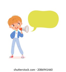Kid speaker holding megaphone in hand vector illustration. Cartoon funny boy standing with loudspeaker to announce news, adorable little child shouting loud message in blank bubble isolated on white