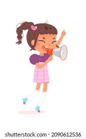 Kid speaker holding megaphone in hand vector illustration. Cartoon funny girl standing with loudspeaker to announce news, adorable little child shouting loud message isolated on white