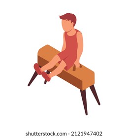 Kid sport isometric composition with character of boy practicing on gymnastic apparatus vector illustration