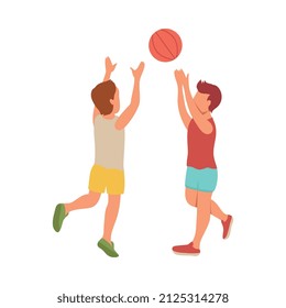 Kid sport isometric composition with characters of boys playing with basketball ball vector illustration