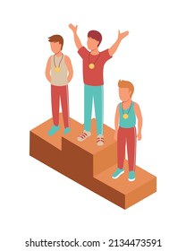 Kid sport isometric composition with characters of medallist boys standing on winners podium vector illustration