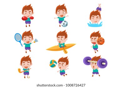 Kid Sportsman Doing Different Sport Types Set Of Illustrations