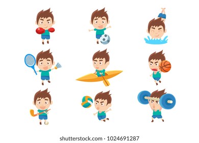 Kid Sportsman Doing Different Sport Types Collectio Of Illustrations
