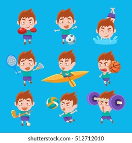 Kid Sportsman Doing Different Sport Types Set Of Illustrations