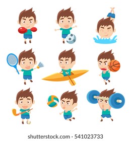 Kid Sportsman Doing Different Sport Types Collectio Of Illustrations
