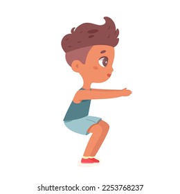 Kid squatting, side view vector illustration. Cartoon isolated active boy training body health with situps in healthy aerobic sports exercises or morning yoga workout, pose of child in sportswear