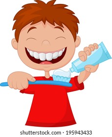 Kid squeezing tooth paste on a toothbrush