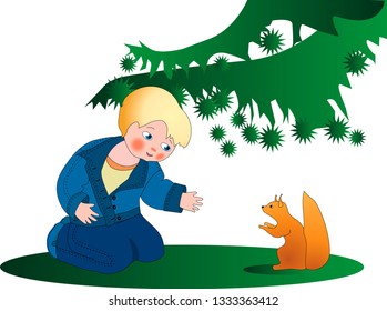 The kid and the squirrel. The kid smiles and stretches the squirrel's hands. 
The green meadow and the branches of the big fir-tree. Nice cartoon characters.White background.Vector.