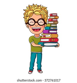 Kid with a stack of books in her hands. Vector illustration on white background.