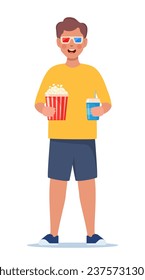 Kid stand with 3d glasses, soda and popcorn. Cinema theater entertainment for children. Vector illustration