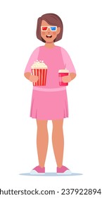 Kid stand with 3d glasses, soda and popcorn. Cinema theater entertainment for children. Vector illustration