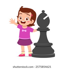 kid standing with giant bishop chess piece and smile