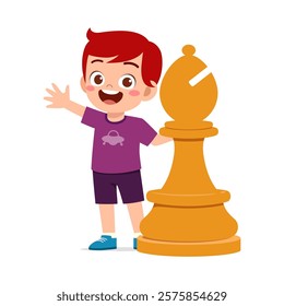 kid standing with giant bishop chess piece and smile