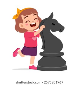 kid standing with giant horse knight chess piece and smile