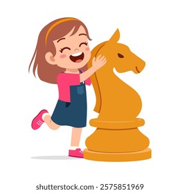 kid standing with giant horse knight chess piece and smile