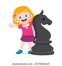 kid standing with giant horse knight chess piece and smile