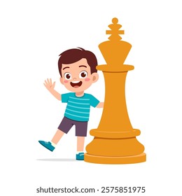 kid standing with giant king chess piece and smile