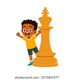 kid standing with giant king chess piece and smile