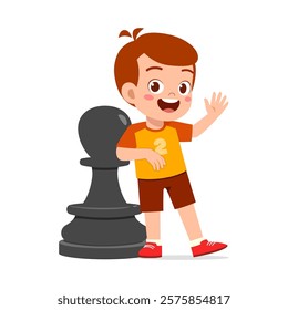 kid standing with giant pawn chess piece and smile