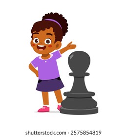 kid standing with giant pawn chess piece and smile