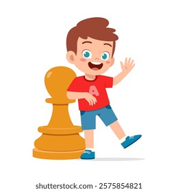 kid standing with giant pawn chess piece and smile