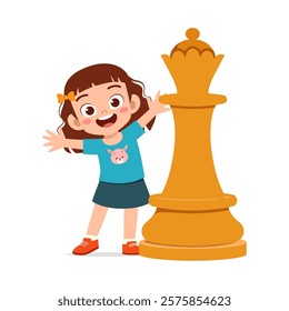 kid standing with giant queen chess piece and smile