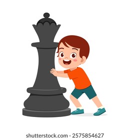 kid standing with giant queen chess piece and smile