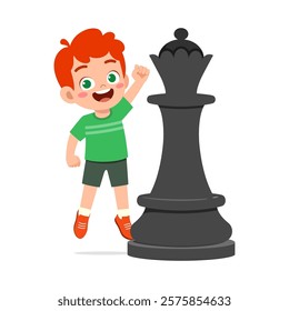 kid standing with giant queen chess piece and smile