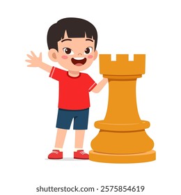 kid standing with giant rook chess piece and smile