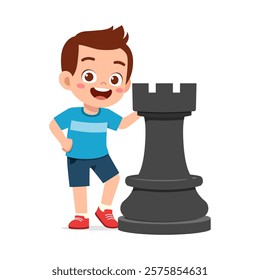 kid standing with giant rook chess piece and smile