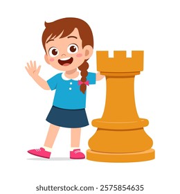 kid standing with giant rook chess piece and smile