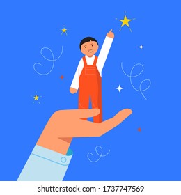 Kid Standing On Big Hand And Reaching Out Stars. Vector Illustration Concept For Aware Upbringing, Taking Care About Children, Developing Talents, Supporting In Reaching Goals, Encouraging To Success