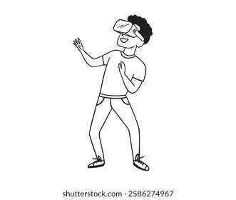 kid is standing and virtual reality glasses. boy wearing a VR headset, doodle man using virtual reality. hand drawn cartoon outline drawing line clipart symbol . Vector illustration