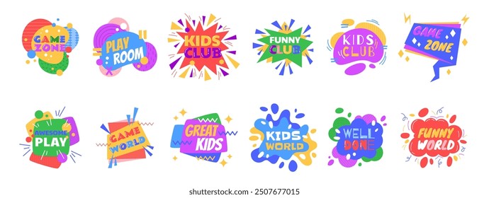 Kid sticker. Element logo game, party zone childish collection. Design badge child. Label activity school letter, logotype design. Text color fun park and club, play children symbol vector garish sign
