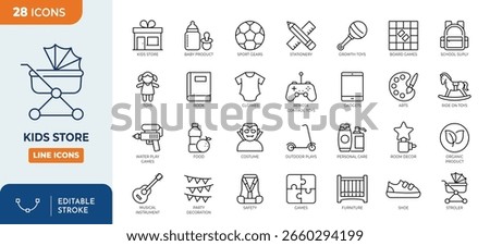 Kid store line editable icon set. Editable stroke. Vector illustration