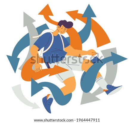 Kid in stress lost in arrows. ADHD concept illustration about school problems and attention deficit hyperactivity disorder