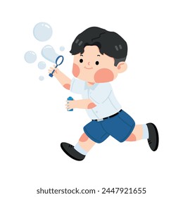 Kid student blowing soap bubbles