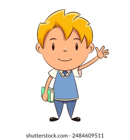 Kid student, book, blue, school uniform, waving hand, schoolboy