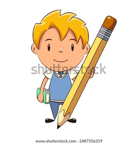 Kid student with a book, holding big pencil, happy, schoolboy