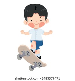Kid student boy jumping on skateboard