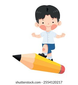 Kid student boy jumping on pencil cartoon