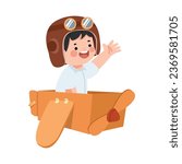 Kid student boy play plane cardboard