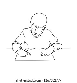 Kid student in classroom studying one line art drawing vector. Studen doing homework minimal illustration.