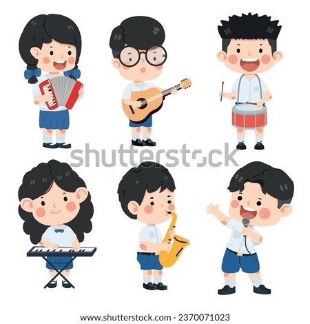 Kid student different instruments with friends together