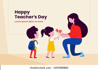 Kid student giving flower to her teacher flat illustration for happy teacher's day background poster concept graphic design.