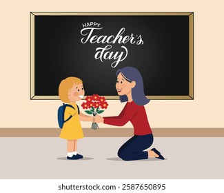  Kid student giving flower to her teacher flat illustration for happy teacher's day background poster concept graphic design.