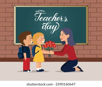 Kid student giving flower to her teacher flat illustration for happy teacher's day background poster concept graphic design.